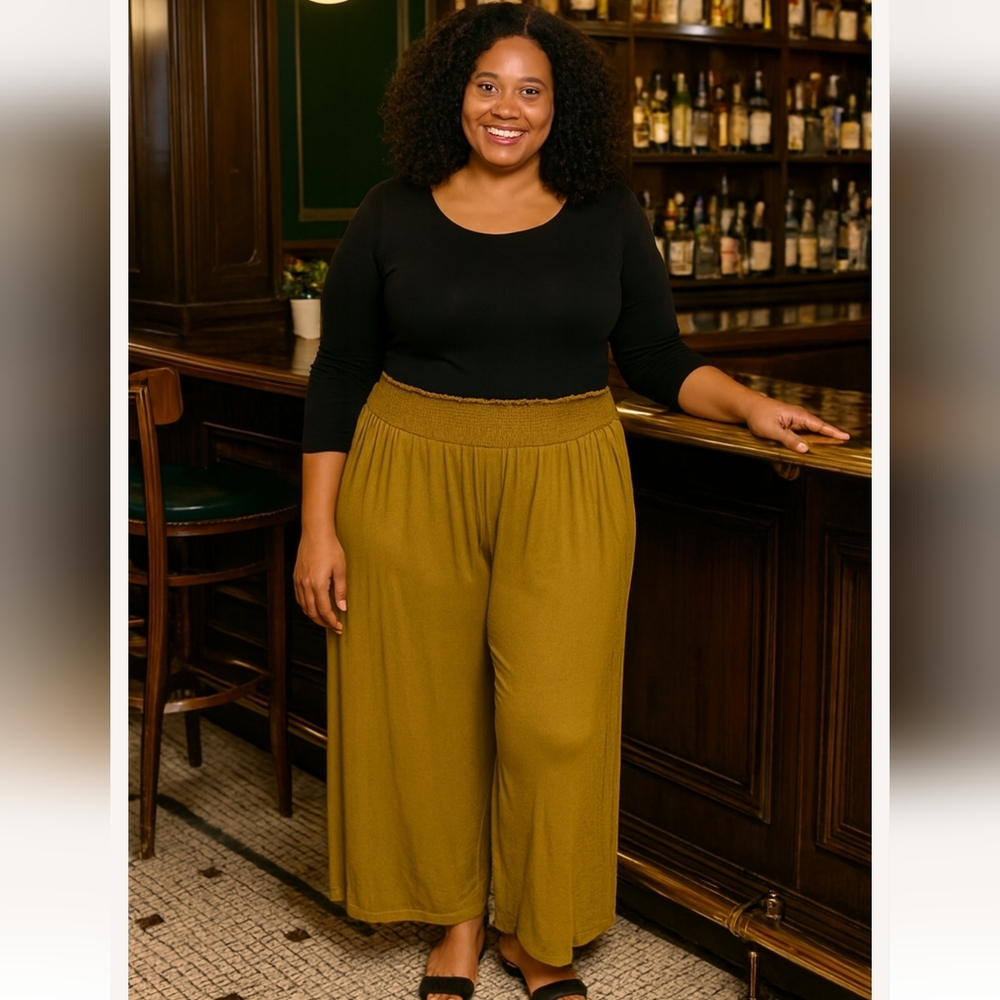 Zenana Outfitters Chartreuse  Wide-Leg Pants With Elastic Waist.